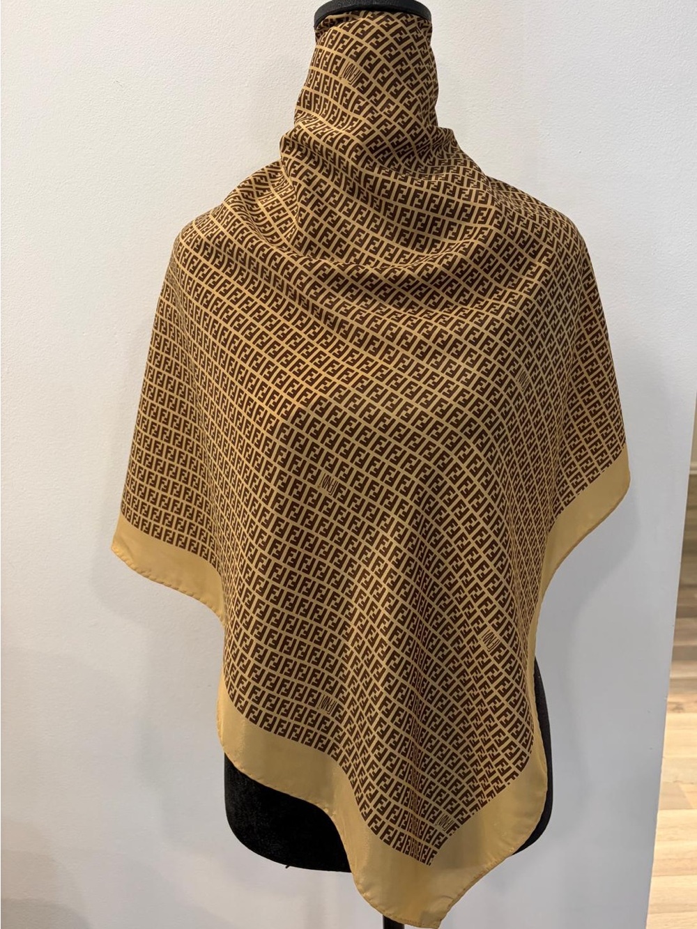 FENDI Silk Scarf Light Brown Pattern Hand Rolled Made in France